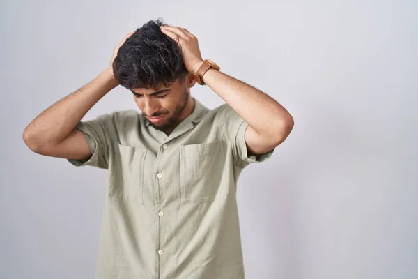 Arab Man Beard Standing White Background Suffering Headache Desperate Stressed — Stok fotoğraf