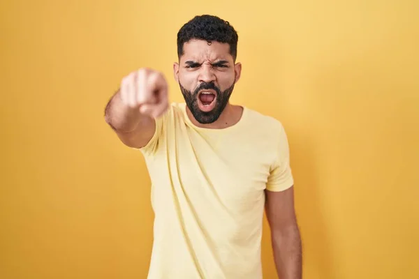 Hispanic Man Beard Standing Yellow Background Pointing Displeased Frustrated Camera — Fotografia de Stock
