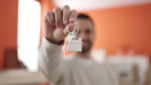 Young Hispanic Man Smiling Confident Holding Key New Home — Photo