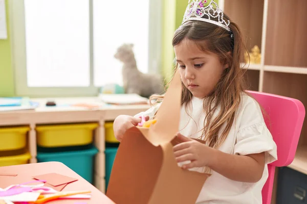 Adorable Blonde Girl Student Wearing Princess Crown Cutting Paper Kindergarten — Stock Photo, Image