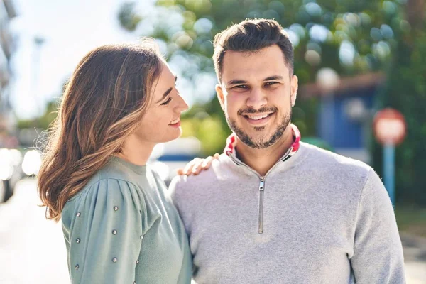 Man Woman Smiling Confident Hugging Each Other Standing Street — Foto Stock