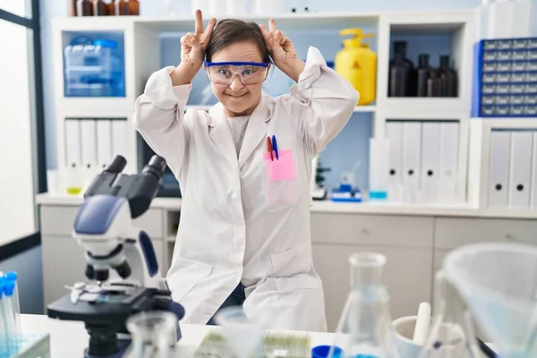 Hispanic Girl Syndrome Working Scientist Laboratory Posing Funny Crazy Fingers — Photo