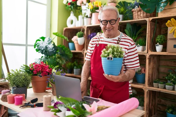 stock image Middle age grey-haired man florist using laptop holding plant at flower shop