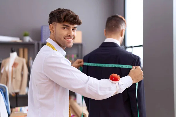 Two Hispanic Men Tailor Measuring Back Client Atelier — Stock Fotó