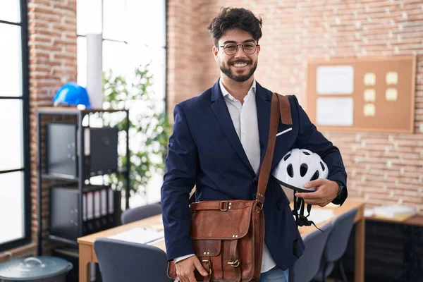 Hispanic Man Beard Holding Bike Helmet Office Looking Positive Happy — Stock Photo, Image