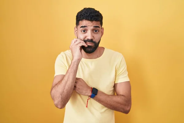 Hispanic Man Beard Standing Yellow Background Looking Stressed Nervous Hands — Fotografia de Stock