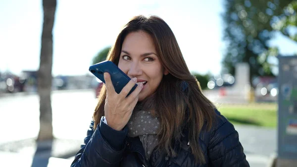 Young Beautiful Hispanic Woman Smiling Confident Sending Voice Message Smartphone — Stock Photo, Image