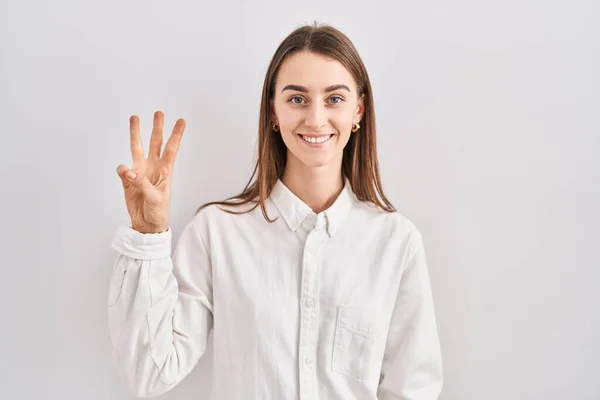 Young Caucasian Woman Standing Isolated Background Showing Pointing Fingers Number — Fotografia de Stock