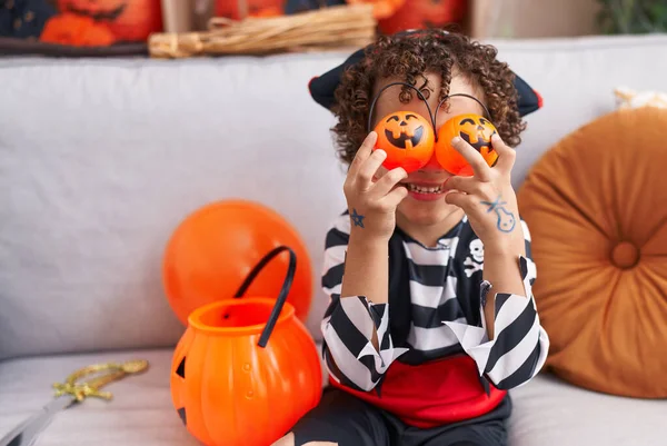 Adorable Hispanic Boy Having Halloween Party Holding Pumpkin Baskets Eyes — Fotografia de Stock