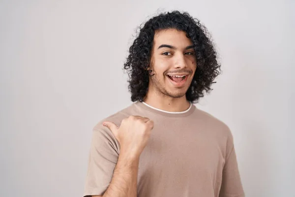 Hispanic Man Curly Hair Standing White Background Smiling Happy Face — Stock Fotó