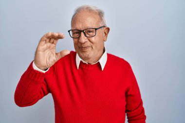 Senior man with grey hair standing over isolated background smiling and confident gesturing with hand doing small size sign with fingers looking and the camera. measure concept. 