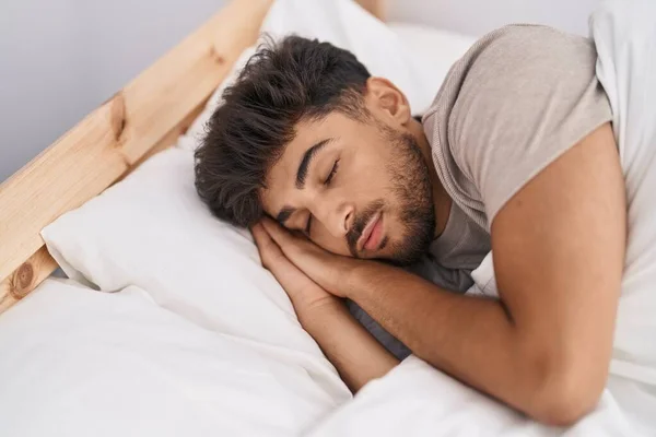 Young Arab Man Lying Bed Sleeping Bedroom — Fotografie, imagine de stoc