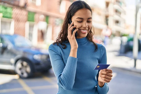 Young African American Woman Talking Smartphone Using Credit Card Street — Stock Photo, Image