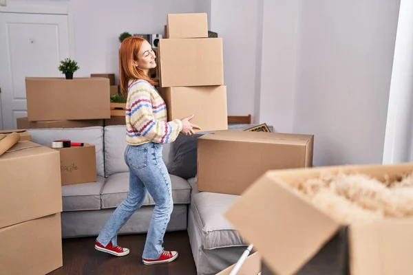 Young Caucasian Woman Smiling Confident Holding Packages New Home — Stock Photo, Image