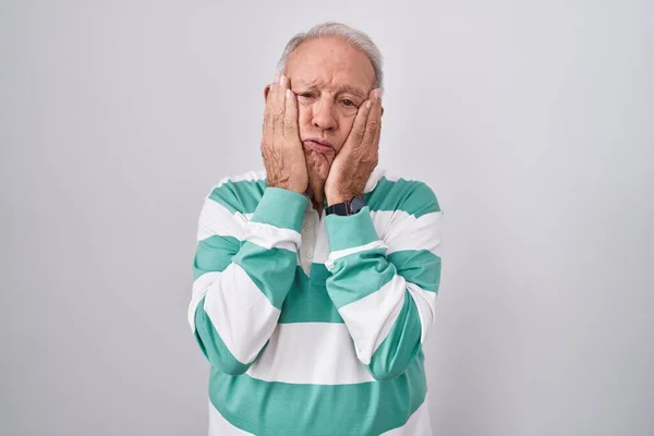 Senior Man Grey Hair Standing White Background Tired Hands Covering — Photo