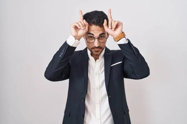 Handsome Business Hispanic Man Standing White Background Doing Funny Gesture — Foto Stock