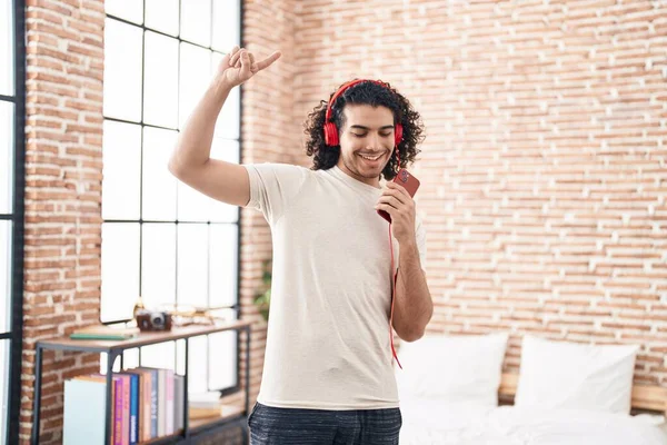 Young Latin Man Dancing Listening Music Standing Bedroom — Stock Photo, Image