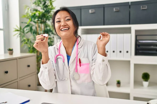 Young Asian Woman Wearing Doctor Uniform Stethoscope Celebrating Victory Happy — ストック写真