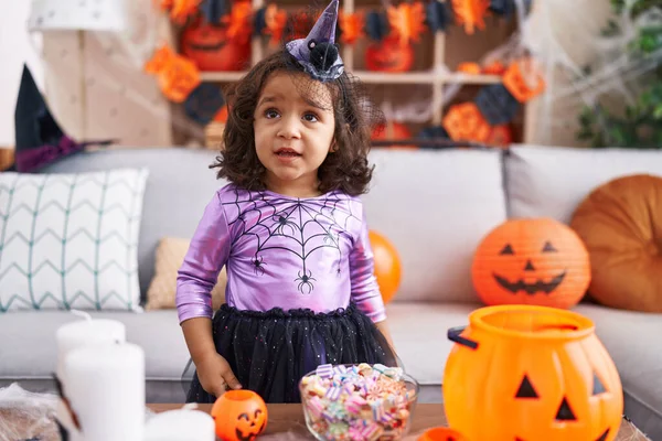 Adorable Hispanic Toddler Having Halloween Party Standing Home —  Fotos de Stock
