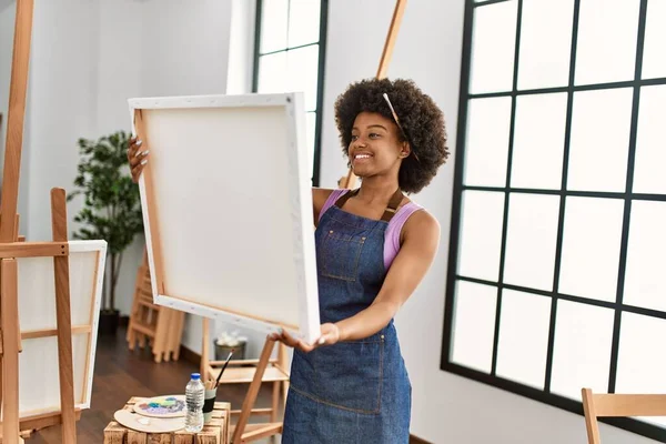 Young African American Woman Smiling Confident Holding Canvas Draw Art — Stock Photo, Image