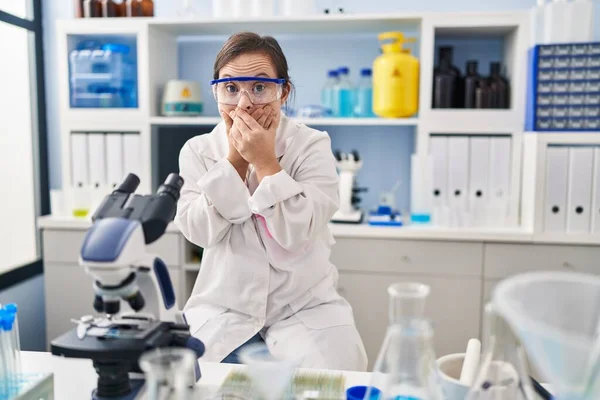 Hispanic Girl Syndrome Working Scientist Laboratory Shocked Covering Mouth Hands — Photo