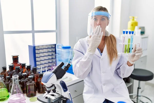 Beautiful Woman Working Scientist Laboratory Covering Mouth Hand Shocked Afraid — Stock Photo, Image