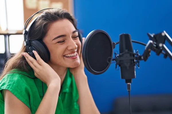 Young Hispanic Woman Artist Singing Song Music Studio — Stok fotoğraf