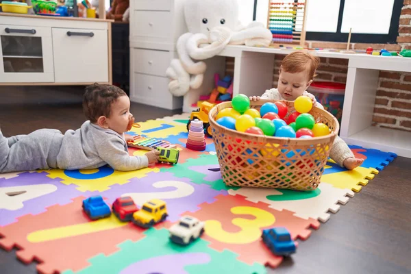 Two Adorable Babies Playing Balls Sitting Floor Kindergarten — Stock Photo, Image