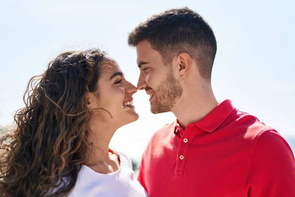 Young Hispanic Couple Smiling Confident Standing Together Seaside —  Fotos de Stock