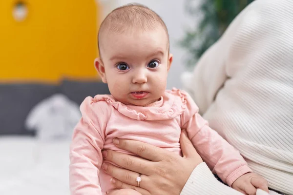 Adorable Caucasian Baby Mother Hands Home — Fotografia de Stock