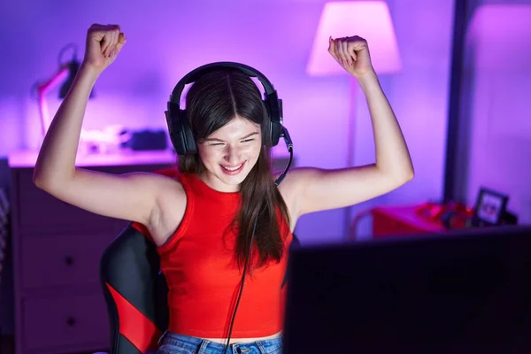 Young Caucasian Woman Streamer Playing Video Game Winner Expression Gaming — Stockfoto