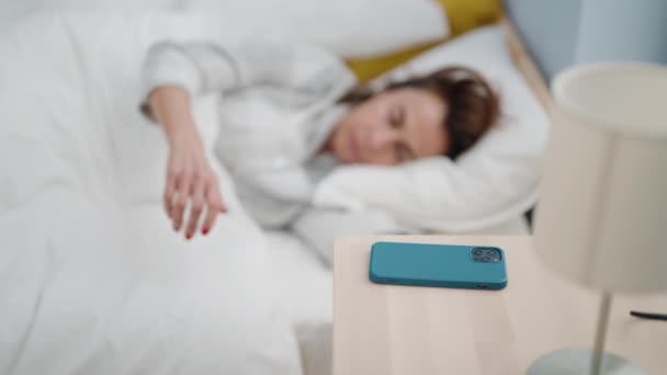 Middle Age Woman Sleeping Turning Smartphone Alarm Bedroom — 图库视频影像