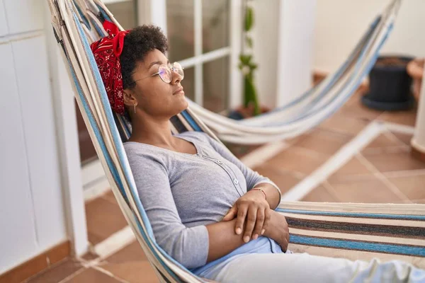 African American Woman Lying Hammock Sleeping Home Terrace — Zdjęcie stockowe
