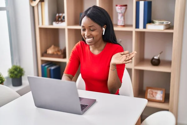 African Young Woman Using Laptop Home Celebrating Achievement Happy Smile —  Fotos de Stock