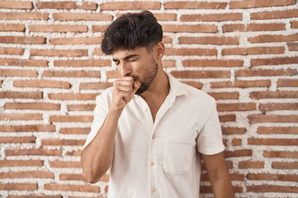 Arab Man Beard Standing Bricks Wall Background Feeling Unwell Coughing — Stok fotoğraf