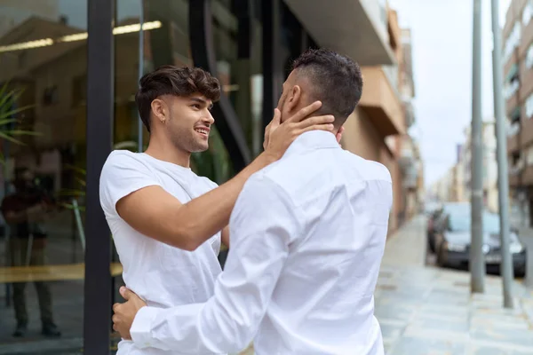 Two Hispanic Men Couple Smiling Confident Hugging Each Other Street — Stok fotoğraf