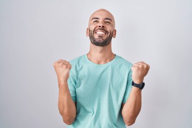 Middle age bald man standing over white background celebrating surprised and amazed for success with arms raised and eyes closed. winner concept. 