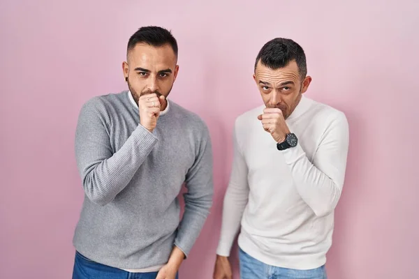 Homosexual Couple Standing Pink Background Feeling Unwell Coughing Symptom Cold — Stockfoto