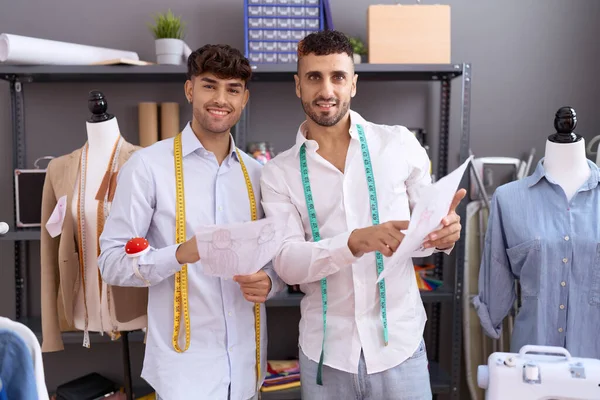 Two Hispanic Men Tailors Looking Clothing Design Speaking Atelier — Stock Fotó