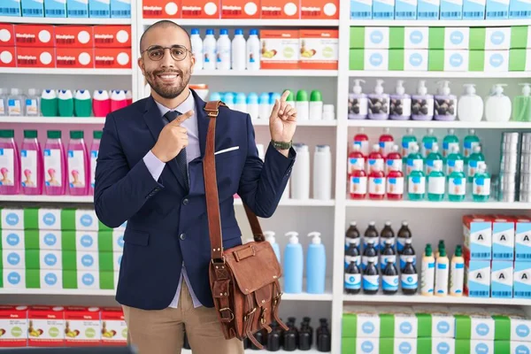 Hispanic Man Beard Working Salesman Pharmacy Drugstore Smiling Looking Camera — Stockfoto