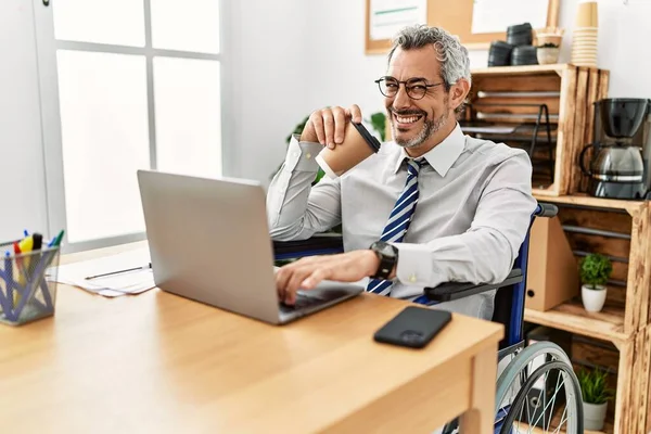 Middle Age Grey Haired Man Business Worker Sitting Wheelchair Drinking — Stock Photo, Image