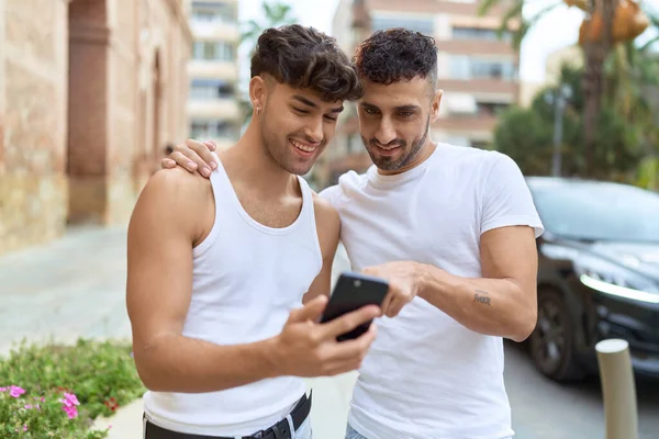 Two Hispanic Men Couple Smiling Confident Using Smartphone Street — 图库照片