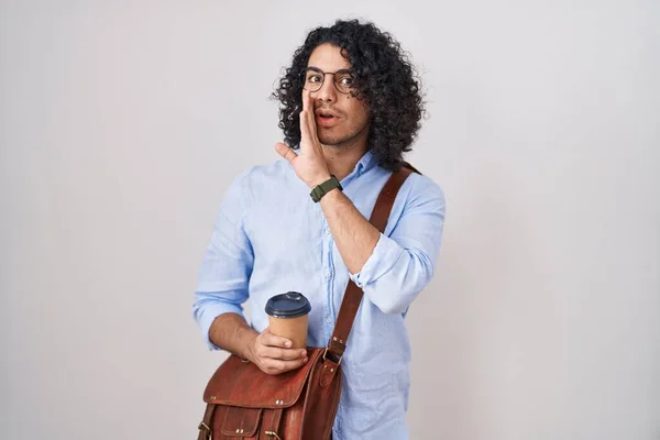 Hispanic Man Curly Hair Drinking Cup Take Away Coffee Hand — Foto de Stock