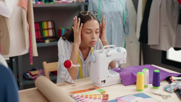Young African American Woman Tailor Stressed Using Sewing Machine Atelier — Video Stock