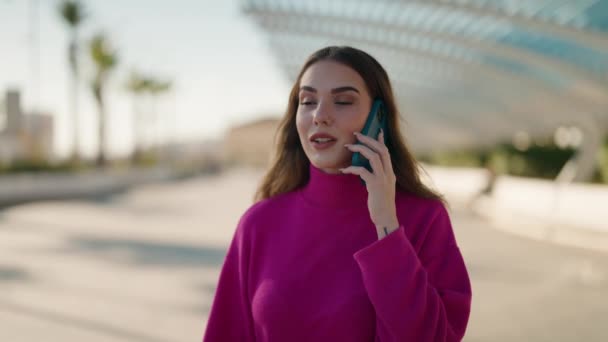 Young Blonde Woman Talking Smartphone Walking Street — Stok video