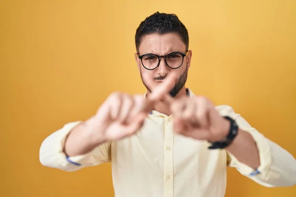 Hispanic Young Man Wearing Business Clothes Glasses Rejection Expression Crossing — Stock Photo, Image