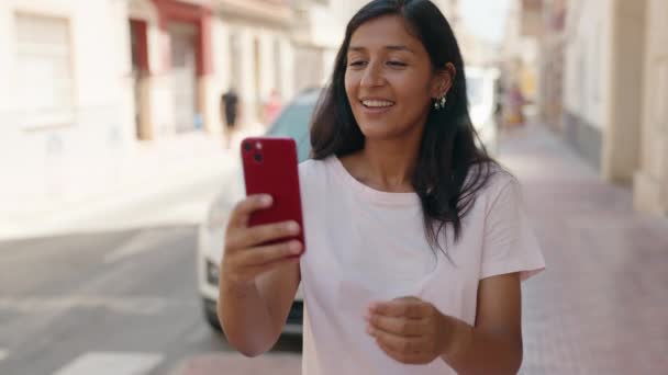 Young Beautiful Hispanic Woman Smiling Confident Having Video Call Street — Stock Video