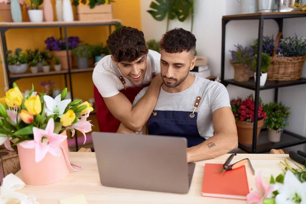 Two Hispanic Men Florists Smiling Confident Using Laptop Working Flower — Stock Photo, Image