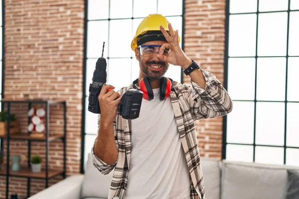 Young Hispanic Man Beard Working Home Renovation Smiling Happy Doing — Stock fotografie