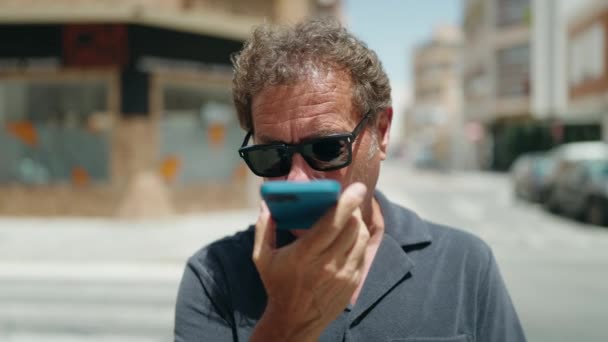 Middle Age Man Talking Smartphone Street — Vídeos de Stock
